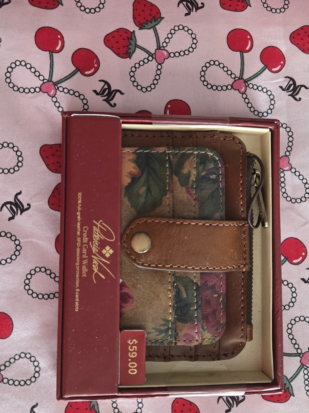 Leather Floral Card & Key Holder Wallet - Brown/Multicolor
